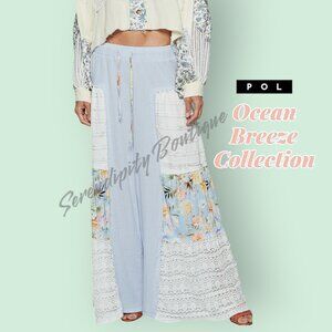 POL Bouncy Lace & Double Gauze Floral Patch Extra Wide Leg Breezy Pants